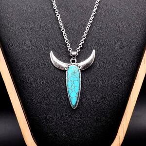 925 Silver Necklace w/ Turquoise Bull Horns Pendant Women's Vintage Boho Gift